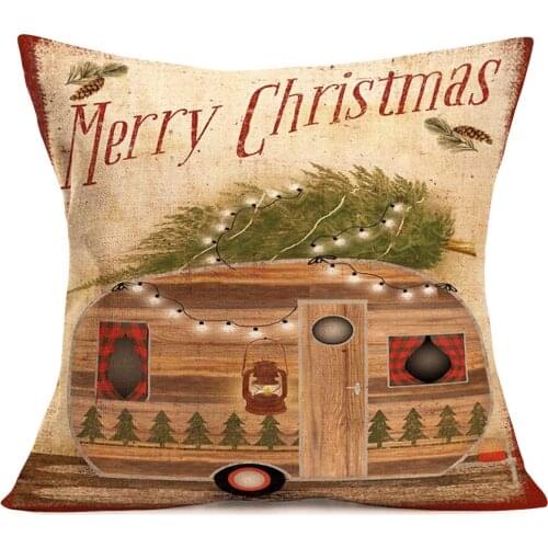Pillow Covers Retro Wood Background with Merry Christmas Decorations Camper Travel Rv Car with Pine Trees Decorative Cotton