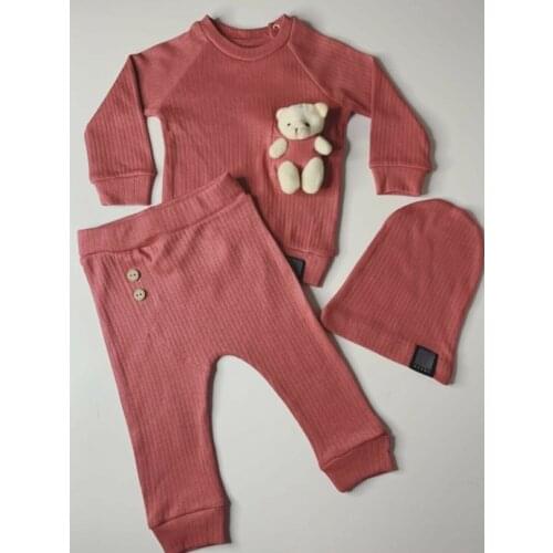 New American Style Four Seasons Clothing Baby Girl Clothes Sets For Kids Cotton 3pcs Brick Color Teddy Bear Pajama Set