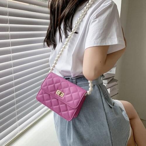 2022 Summer New High-quality PU Leather Womens Designer Handbag Pearl strap Shoulder Messenger Bag Lattice Square Crossbody bag