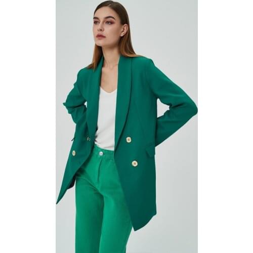 2021 ZA autumn new ladies all-match casual long double-breasted blazer jacket Vintage lapel collar long sleeves womens clothing