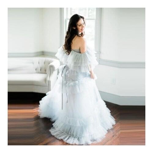 New Arrival Tulle Ruffles Maternity Dressing Gowns Cap Sleeves Ruffles Pleated Long Length Lace Bridal Pregnancy Photo Shoot Dre