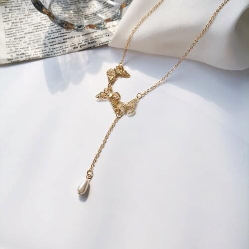 Fashion Jewelry Thin Short Chain Necklace Sweet Korean Jewelry Butterfly Necklace Simulated Pearl Pendant Necklace Party Gifts