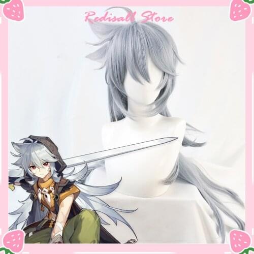 Genshin Impact Razor Wig Cosplay Gray Synthetic Long Straight Heat Resistant Hair Adult Women Men Halloween Free Wig Cap