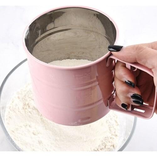 Semi-automatic Flour Sieve Powder Sieve Cup Stainless Steel Hand-held Flour Sieve Icing Sugar Sieve Baking Tools Kitchen Gadget