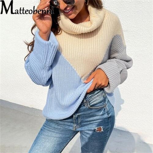 2021 Autumn Winter Contrast Splicing Pullover Sweater Women Turtleneck Long Sleeve Loose Casual Knitted Sweater Tops For Ladies