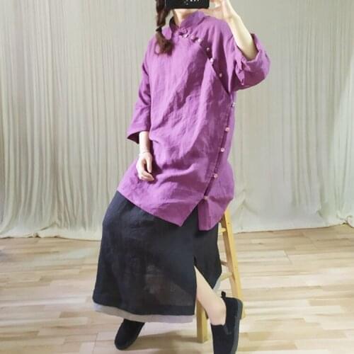 QPFJQD Ladies Vintage Linen Dress Stand Collar Chinese Style Women Retro Flax Loose Dresses 2021 Autumn Summer