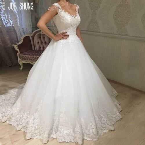 E JUE SHUNG Luxury Wedding Gowns V Neck Cap Sleeves Lace Appliques Backless Wedding Dresses Vintage Robe De Mariee