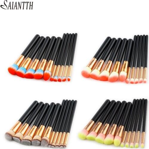 SAIANTTH 10pcs wooden handle makeup brushes set 3 color hair foundation blush powder kit high end beauty tool maquiagem make up
