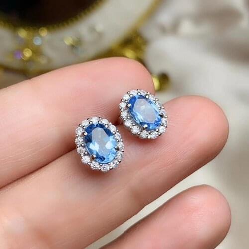 Classic Simple small round natural blue topaz stud earrings S925 silver natural gemstone earrings girl gift party fine jewelry