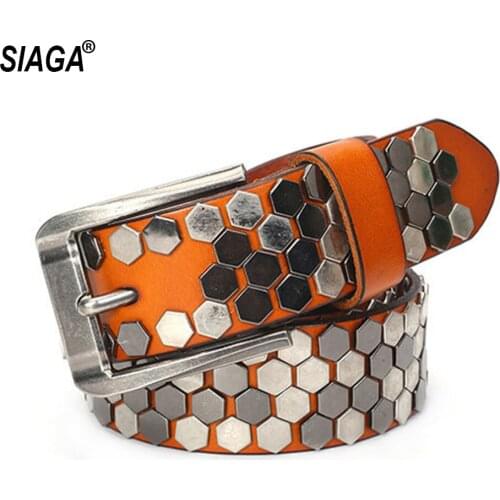 Unisex Punk Hexagon Rivet Personalized Belt Neutral Top Layer Cowhide Leather Belt Female Accessories 3.8cm Width SA005
