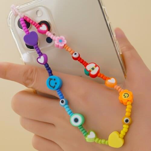 Colorful Smile Pearl Mobile Phone Strap Lanyard Soft Pottery Rope Cell Phone Case Hanging Cord Diy Jewelry Phone Accessories