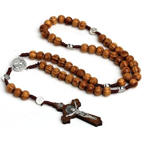 YiJia Wooden Rosary Beads Necklace For Women Men Saint Benedict of Nursia Cross Pendant Rosarius Jewelry