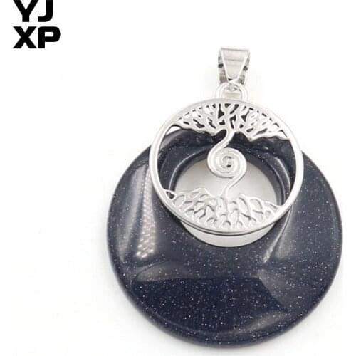 YJXP Silver Plated Safety Buckle Round Hollow Blue Sand Stone Pendant Tree of Life Fashion Jewelry