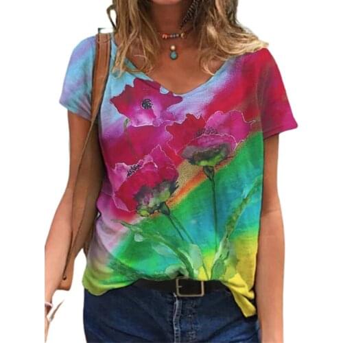 3D Tie Dye Gradient Print Women T Shirt 2021 New Summer Short Sleeve V-Neck Loose Tops Casual Oversized Ladies Plus Size Tee Top