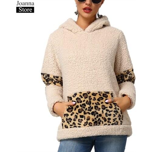 Spring Leopard Splice Short Hoodie Women Long Sleeve Pocket Plush Teddy Pullover Winter Black Plus Size Loose Sweatshirts Female