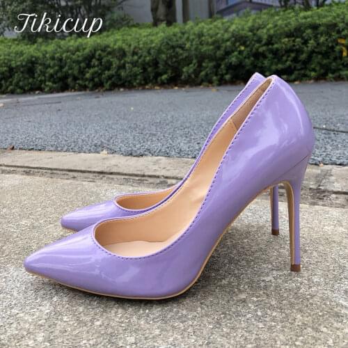 Tikicup Women Light Purple Patent Pumps Pointed Toe Stilettos Ladies Slip On High Heels 12/10/8cm Fashion OL Dress Shoes