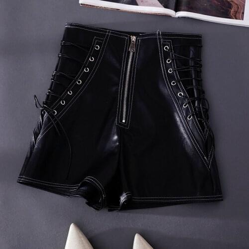 Side Lace Up Pu Leather Shorts Women 2019 Autumn High Waist Front Zipper Wide Leg Shorts Leather Short Pants For Ladies
