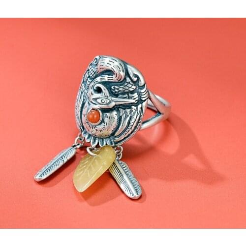 National standard s925 silver classical wind crane jade tassel ring female temperament personality open ring