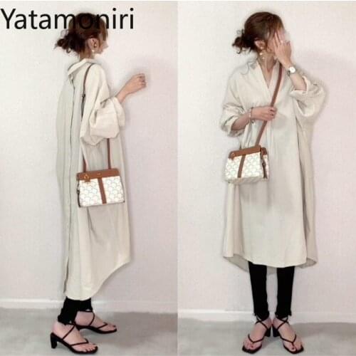 Yatamoniri Women Dress Japan Style Turn Down Colllar Long Sleeve Female Dresses Autumn 2021 New Loose Casual Buttons Vestidos