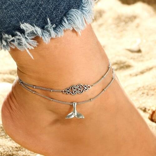 2Pcs/Set Retro Chain Anklet For Women Mermaid Tail Flower Pendant Hollow Heart Alloy Yoga Anklet Set New Summer Style Jewelry
