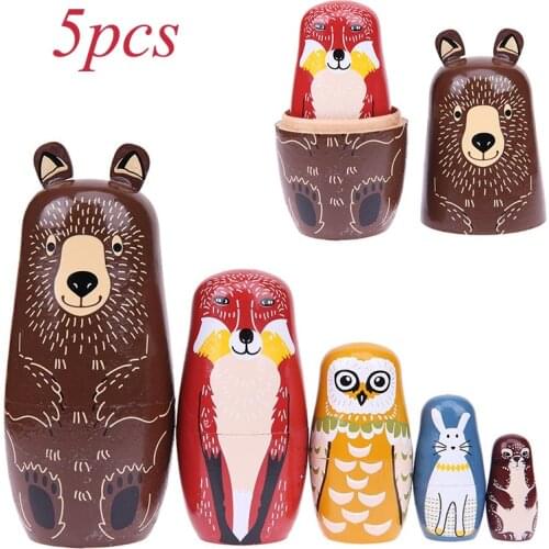 5pcs Russian Matryoshka Dolls Basswood Wood Russian Nesting Matryoshka Dolls Set Bear Ear Animal Painted Toys Ethnic Style