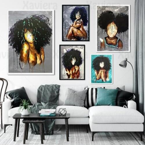 Abstract Fashion African Girl Fuzzy Portrait Canvas Painting Nordic Wall Art Posters and Prints Girls Room Decoration Aesthetics
