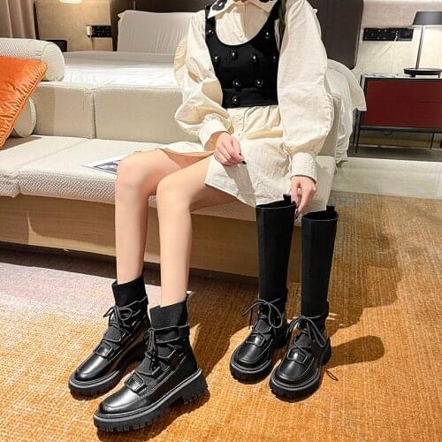 Brand Womens Shoes Autumn Boots Lace Up Flat Heel Round Toe Boots-Women Fashion Med Ladies Lolita Stockings Rock Rubber Ankle