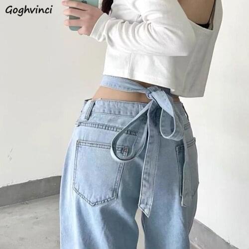 Jeans Women Bandage Chic Solid Vintage Loose Straight High Waist Sashes Sexy Mopping Denim Trousers Hip Hop Streetwear Korean
