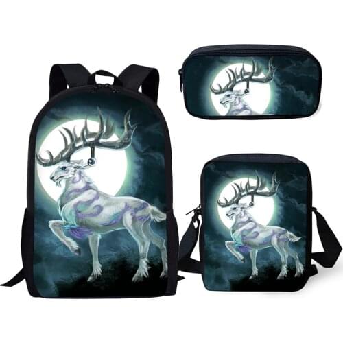 HaoYun Fashion 3PCs Set Kids School Backpack Moon White Deer Pattern School Book Bags Students Backpack/Flaps Bag/Pen Bags