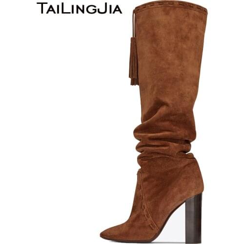 Brown Faux Suede Pointed Toe High Heel Tassel Slouch Boots Black Chunky Heel Slip on Fringe Knee High Boots Ladies Winter Shoes