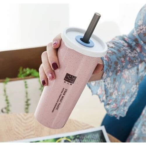 Creative Straw Cup Simple Wheat Straw Cup with Lid Coffee Juice Straw Mug Simple Cute Kids Plastic Portable Drinking Water Cup