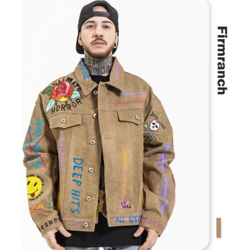 Firmranch New 2021 Ready Jacket Military Cloth Denim Coat Rose&Fire Skeleton Skull Ambroidered Scrawl Made Jacket For Men/Women