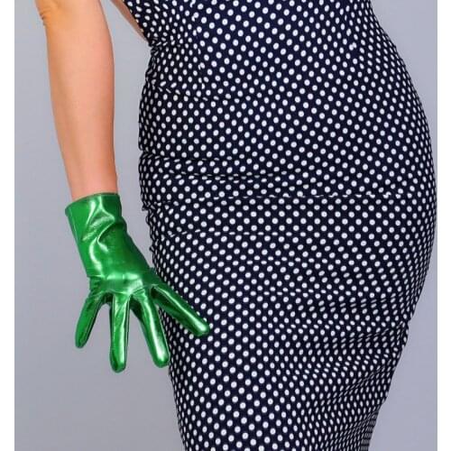 LATEX SHORT GLOVES Faux Shine Patent Leather 8" 21m Electric Green Wrist Long Women Leather Gloves WPU256
