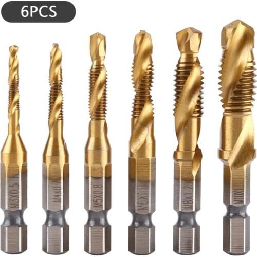 M3-M10 Screw Tap Drill Bits HSS Taps Woodworking Metric 6PCS Set Bit High Speed Steel Titanium 1/4" IN Quick Change Hex
