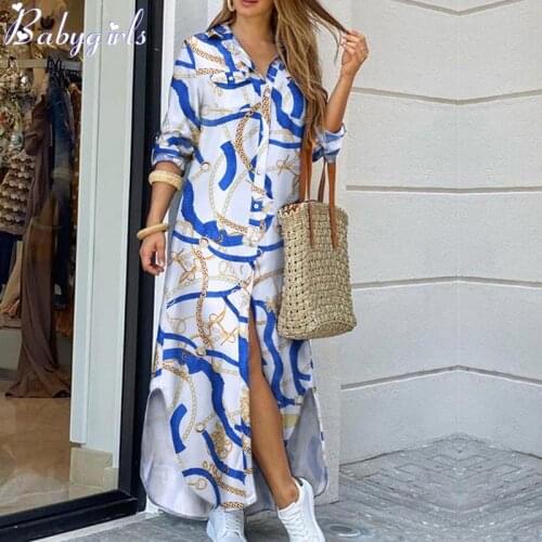 Fashion Women Long Sleeve Shirt Dress Summer Printed OL Long Dresses Laides Turn-down Collar Loose Sundress Party White Dresses
