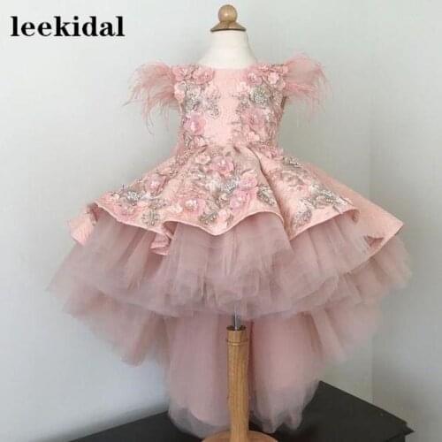 Real Photos High Low Pink Flower Girls Dresses Appliques Lace Communion Dresses Girls Pageant Gown Kids Clothes for Birthday