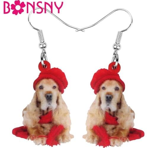 Bonsny Acrylic Christmas Hat Cocker spaniel Dog Earrings Drop Dangle Sweet Animal Jewelry For Women Girls Teen Party Charms Gift