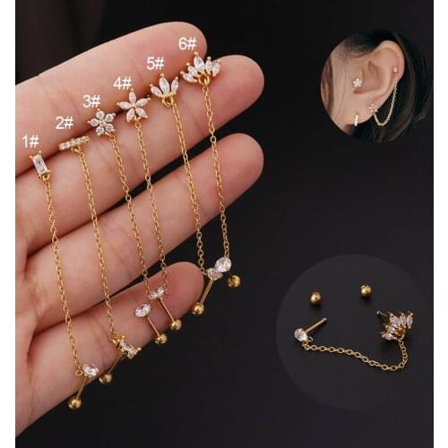 1PC Stainless Steel Ear Bone Cartilage Piercing Stud Earrings for Women Double Pierced Nose Stud Tassel Chain Jewelery