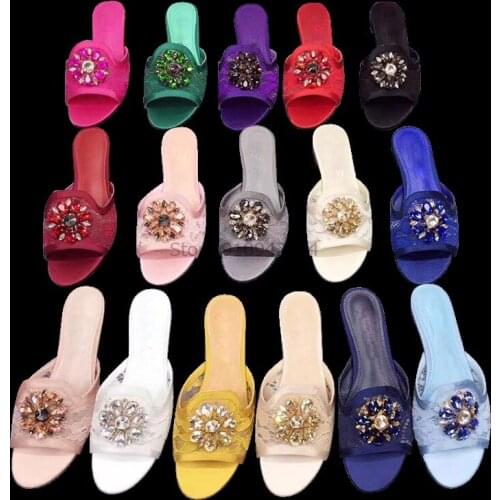 New Summer Sandals Women Shinny Crystal Flowers Flip Flops Flats Shoe Open Toe Print Embroidery Outside Flip Flop Lace Slipper