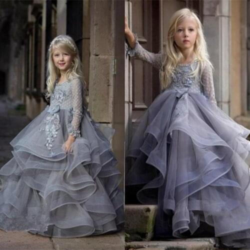 Flower Girls Dresses For Weddings Stunning 3/4 Sleeves Appliques Lace Tulle Junior Floor Length First Communion Dresses