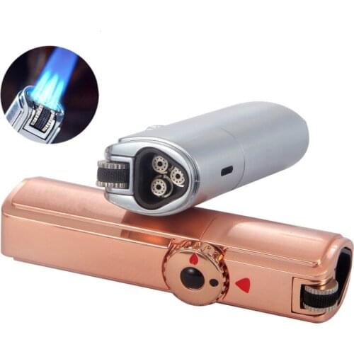 Triple Torch Lighter 3 Jet Gas Cigar Lighter Turbo Windproof Powerful Metal Spray Gun Kitchen Pipe Flint Lighter Outdoor