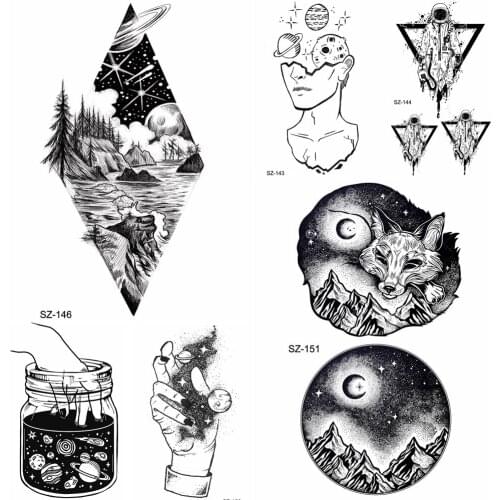 YURAN Diamond Timber Black Mountain Fox Temporary Tattoo Men Sticker Body Moon Waterproof Tatoo Women Triangle Fake Arm Tattoo
