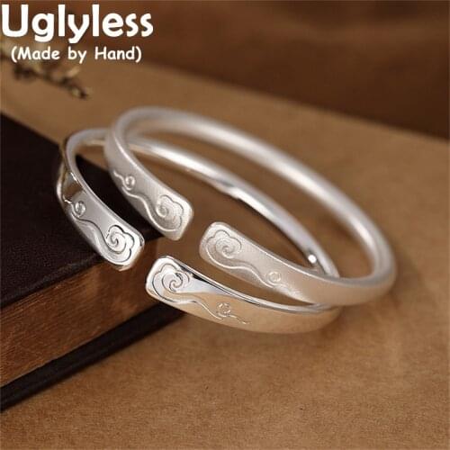 Uglyless Ethnic Lucky Clouds Open Bangles for Women Real 999 Pure Silver Bangles Shiny Glossy Silver Jewelry Exotic Retro Bijoux