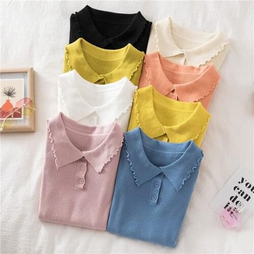 Spring and Autumn Woman Sweaters Fashion Computer Knitted Turn-down Collar Lady Sweater Slim Fit Solid Color Female Sweaters