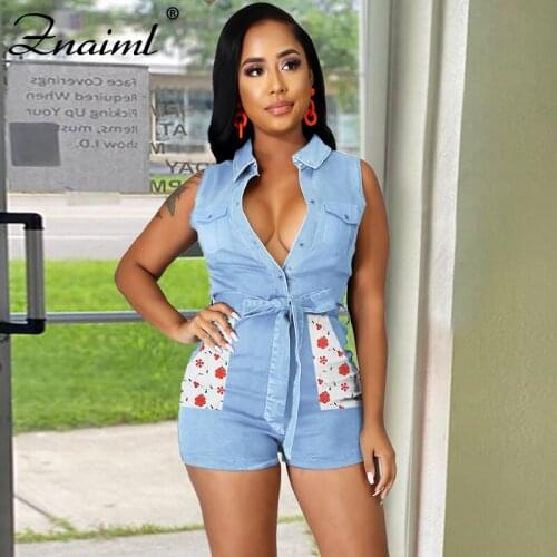 Znaiml Sexy Women Blue Bodysuit Sleeveless One Piece Pants Denim Playsuits Cotton Rompers Mom Patchwork Short Jumpsuit Overalls