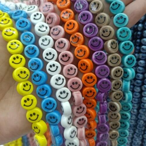 100pcs 10mm White Smile Face Ceramic Beads Fashion Cute Yellow/Purple/Blue/Pink/Orange Color Ceramics Bead For Jewelry Making
