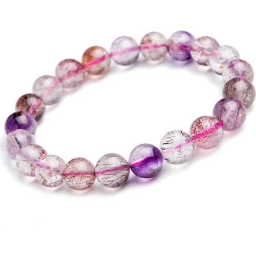 10mm Natural Melody Stone Super Seven Purple Rutilated Quartz Crystal Clear Transparent Round Beads Stretch Charm Bracelet Femme