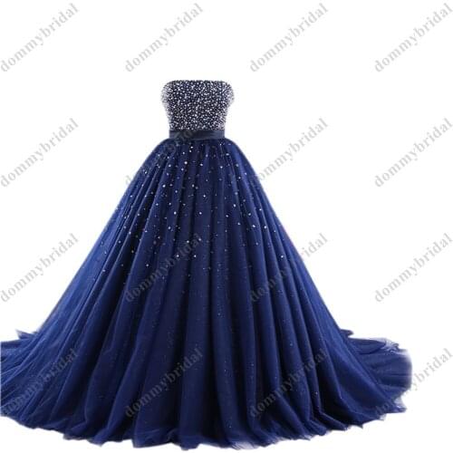 Sparkly Navy Blue Strapless Quinceanera Dress Corset Back Tulle Sequined Rhinestones Crystal Sweet 15 XV Vestido De Formal Long