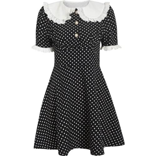 Ladies Doll Collar High Waist Slim Polka Dot Print Little Black Dress Fashion Catwalk Elegant Pearl Button Mini Dress Vestidos