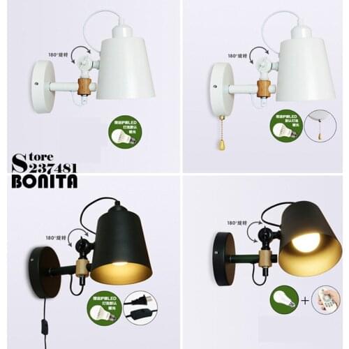 Wood wall lights for home zipper/plug switch Dimmable Led sconces wall lamps swing arm 360 Rotating sconces light Modern Simple